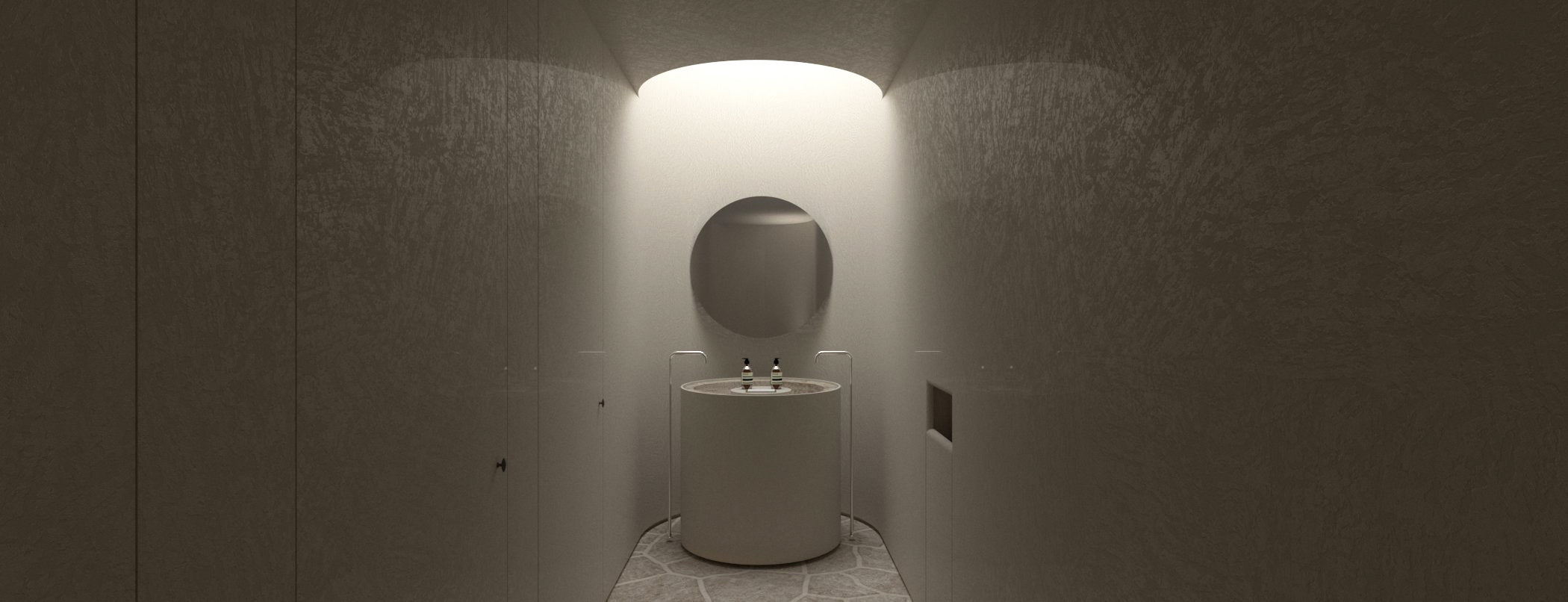 minimalist bathroom, plaster walls, subtle lighting, round sink and circular mirror