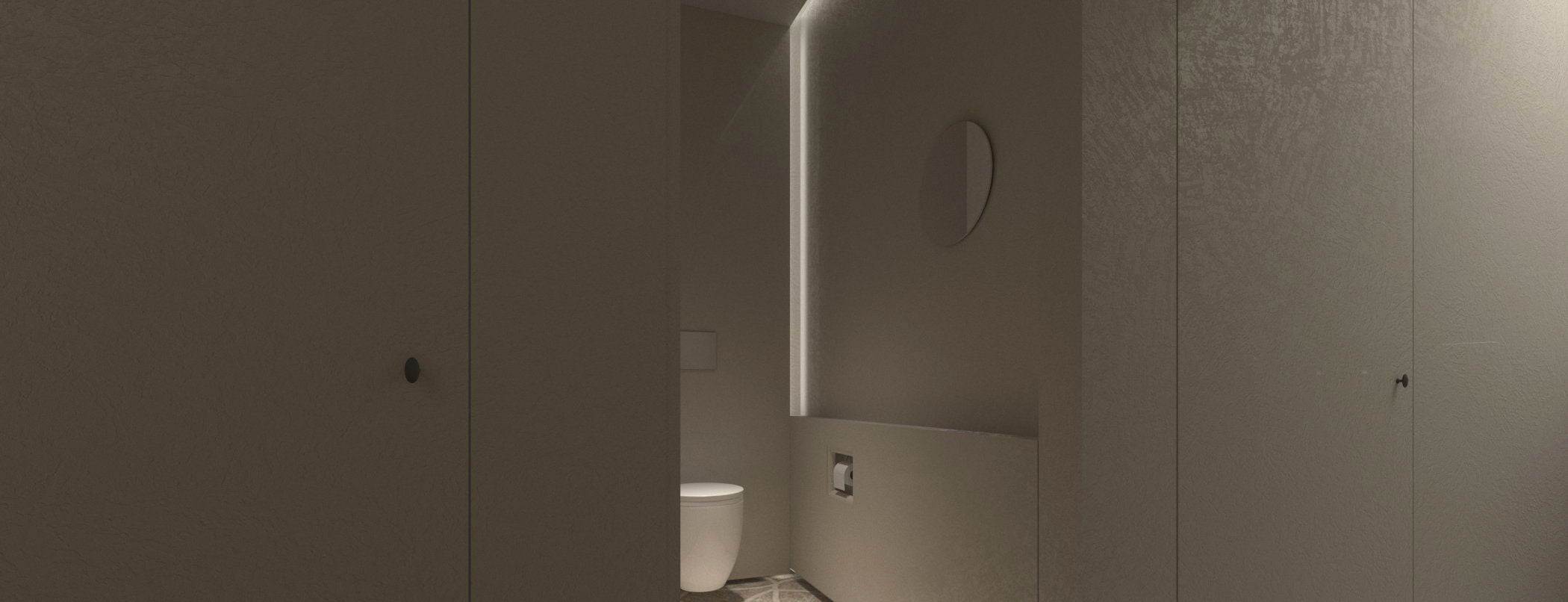 minimalist bathroom, plaster walls, subtle lighting